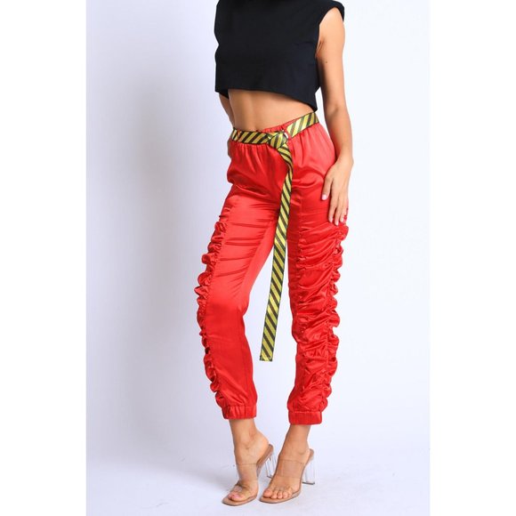 Women's Casual Satin Shirring Long Cuffed Pants With Belted Daily Outdoor Comfy - Picture 6 of 12